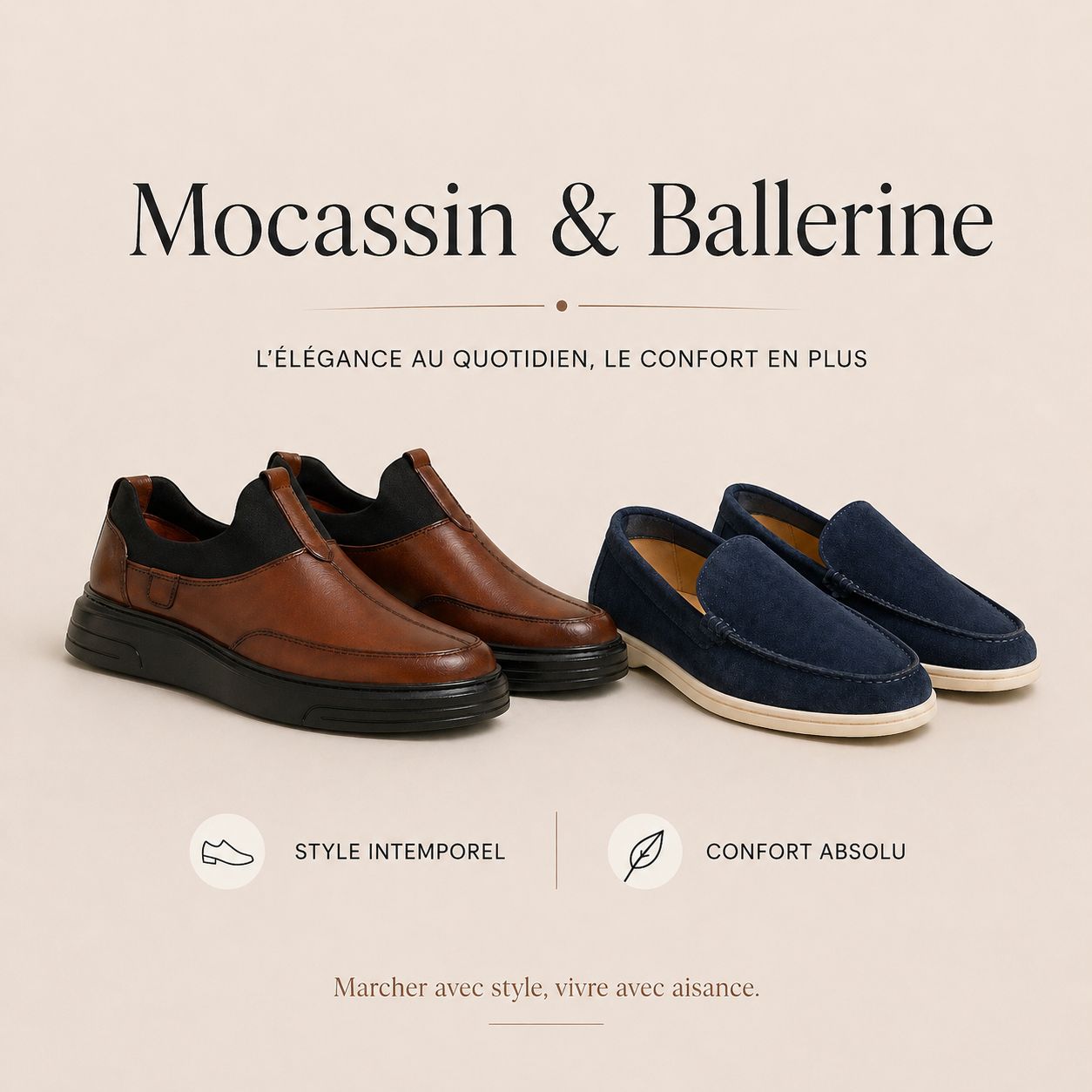 Mocassin homme cuir noir élégant Maroc, mocassin homme casual marron confortable Maroc, mocassin homme daim beige style moderne Maroc, mocassin homme sans lacets chic quotidien Maroc, ballerine homme style léger confortable Maroc