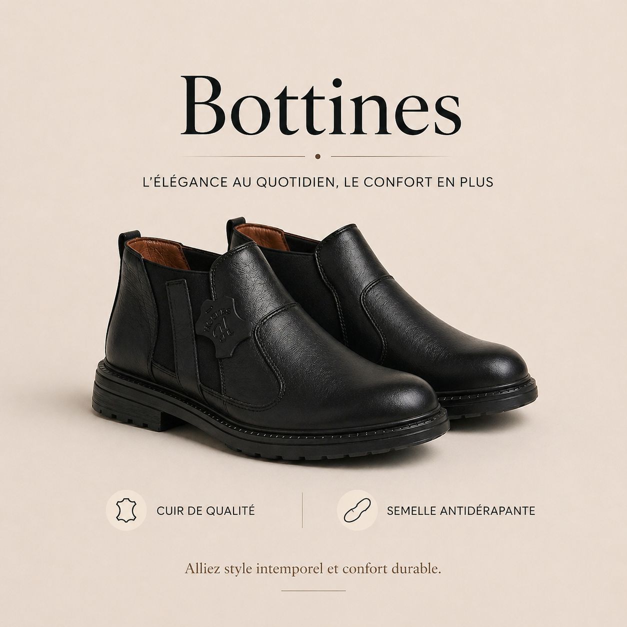 Bottines homme cuir noir élégantes Maroc, bottines homme marron style classique Casablanca, bottines homme chelsea confort quotidien Maroc, bottines homme cuir véritable look moderne Agadir